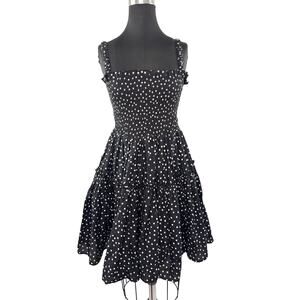 ASOS Black White Fit & Flare Dress Polka Dot Smocked Raw Cut Edges Pullover Sz 8